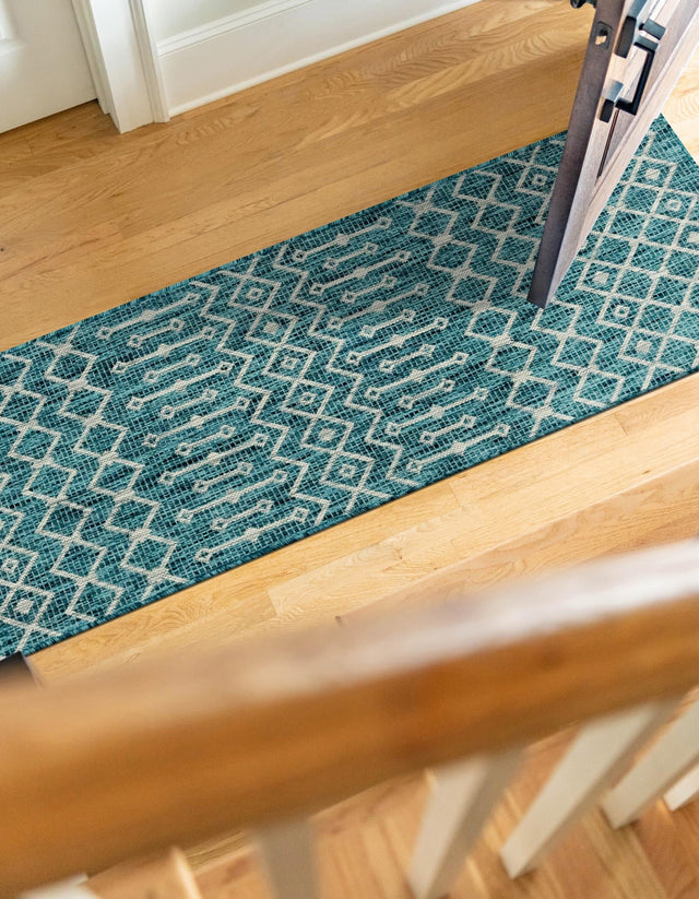 Teal 2' x 6' 1 Outdoor Trellis Runner Area Rug Weather Resistant for Patio, Deck, Terrace, Balcony, Porch Geometric Design Water Safe Outside Carpet for Sale at Rug Engine