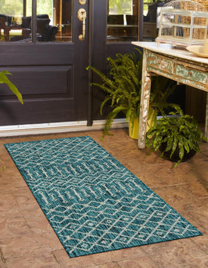 Teal 2' x 6' 1 Outdoor Trellis Runner Area Rug Weather Resistant for Patio, Deck, Terrace, Balcony, Porch Geometric Design Water Safe Outside Carpet for Sale at Rug Engine