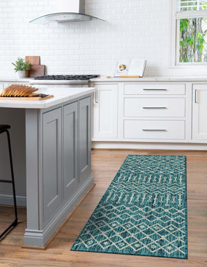 Teal 2' x 6' 1 Outdoor Trellis Runner Area Rug Weather Resistant for Patio, Deck, Terrace, Balcony, Porch Geometric Design Water Safe Outside Carpet for Sale at Rug Engine