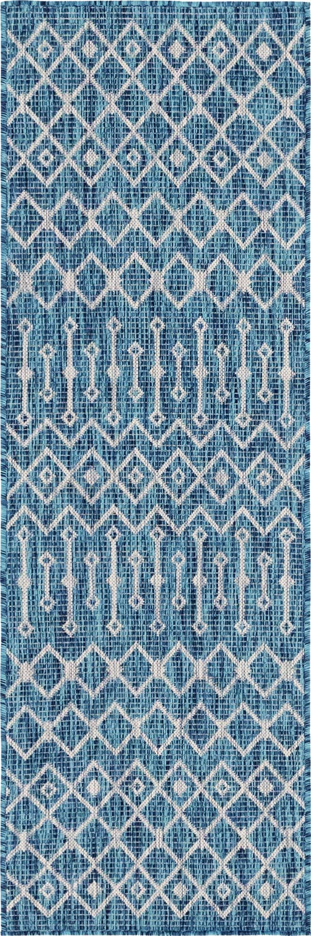 Teal 2' x 6' 1 Outdoor Trellis Runner Area Rug Weather Resistant for Patio, Deck, Terrace, Balcony, Porch Geometric Design Water Safe Outside Carpet for Sale at Rug Engine
