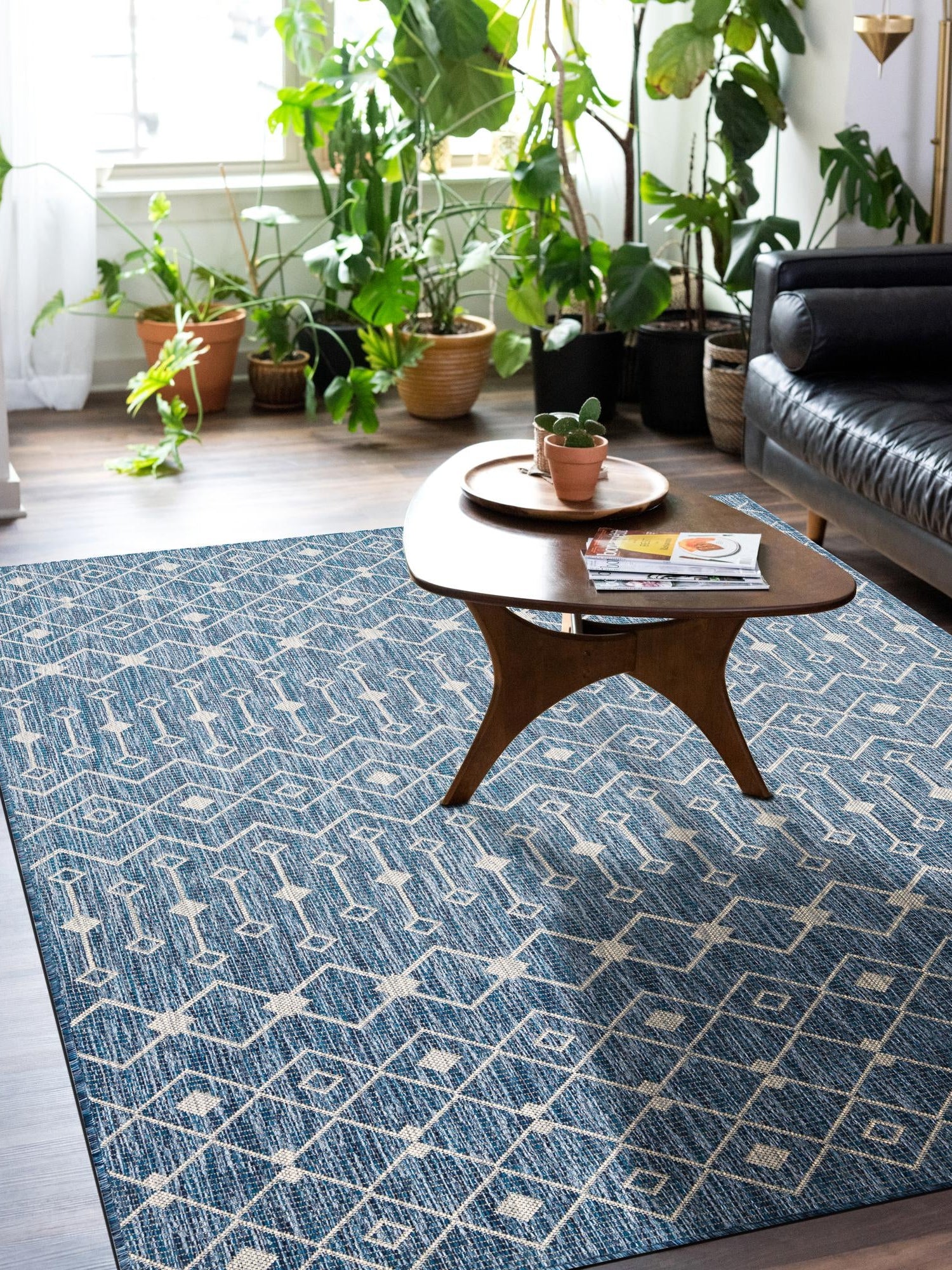Blue 7' 1 x 10' Outdoor Trellis Rectangle Area Rug Weather Resistant for Patio, Deck, Terrace, Balcony, Porch Geometric Design Water Safe Outside Carpet for Sale at Rug Engine