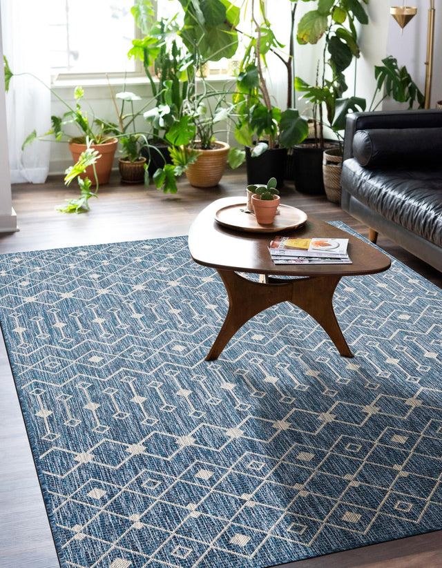 Blue 10' x 13' 1 Outdoor Trellis Rectangle Area Rug Weather Resistant for Patio, Deck, Terrace, Balcony, Porch Geometric Design Water Safe Outside Carpet for Sale at Rug Engine