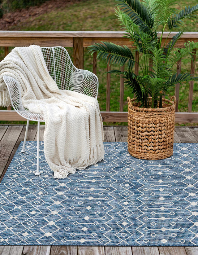 Blue 10' x 14' 1 Outdoor Trellis Rectangle Area Rug Weather Resistant for Patio, Deck, Terrace, Balcony, Porch Geometric Design Water Safe Outside Carpet for Sale at Rug Engine