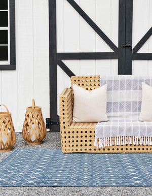 Blue 7' 1 x 10' Outdoor Trellis Rectangle Area Rug Weather Resistant for Patio, Deck, Terrace, Balcony, Porch Geometric Design Water Safe Outside Carpet for Sale at Rug Engine