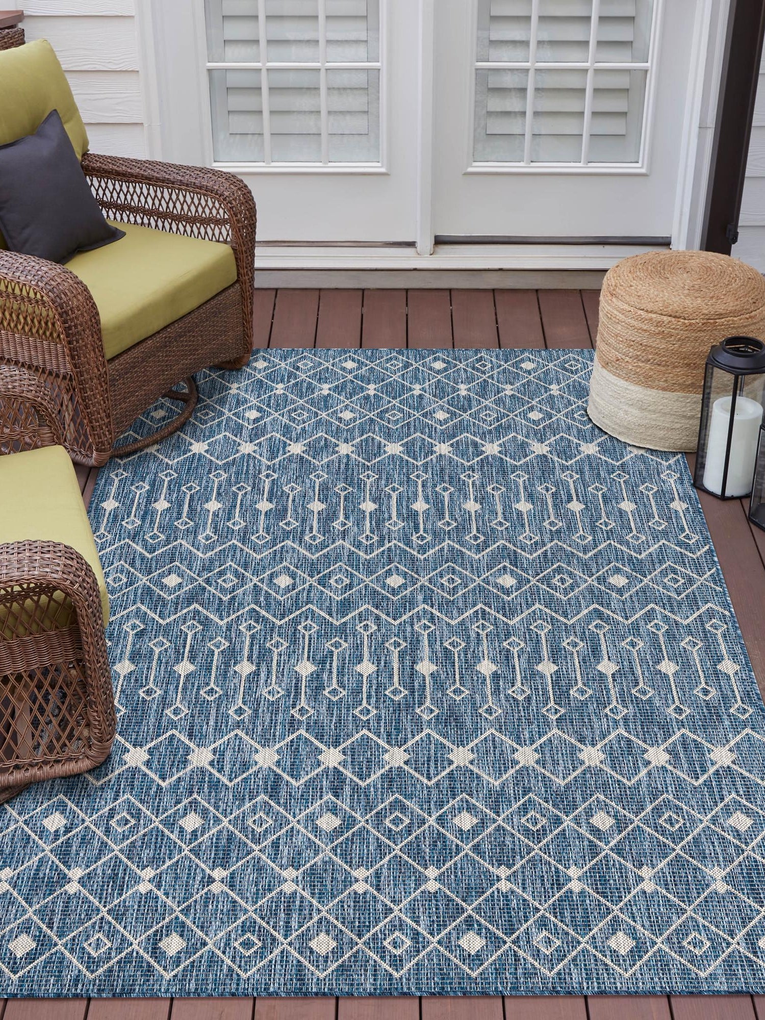 Blue 2' x 3' 1 Outdoor Trellis Rectangle Area Rug Weather Resistant for Patio, Deck, Terrace, Balcony, Porch Geometric Design Water Safe Outside Carpet for Sale at Rug Engine
