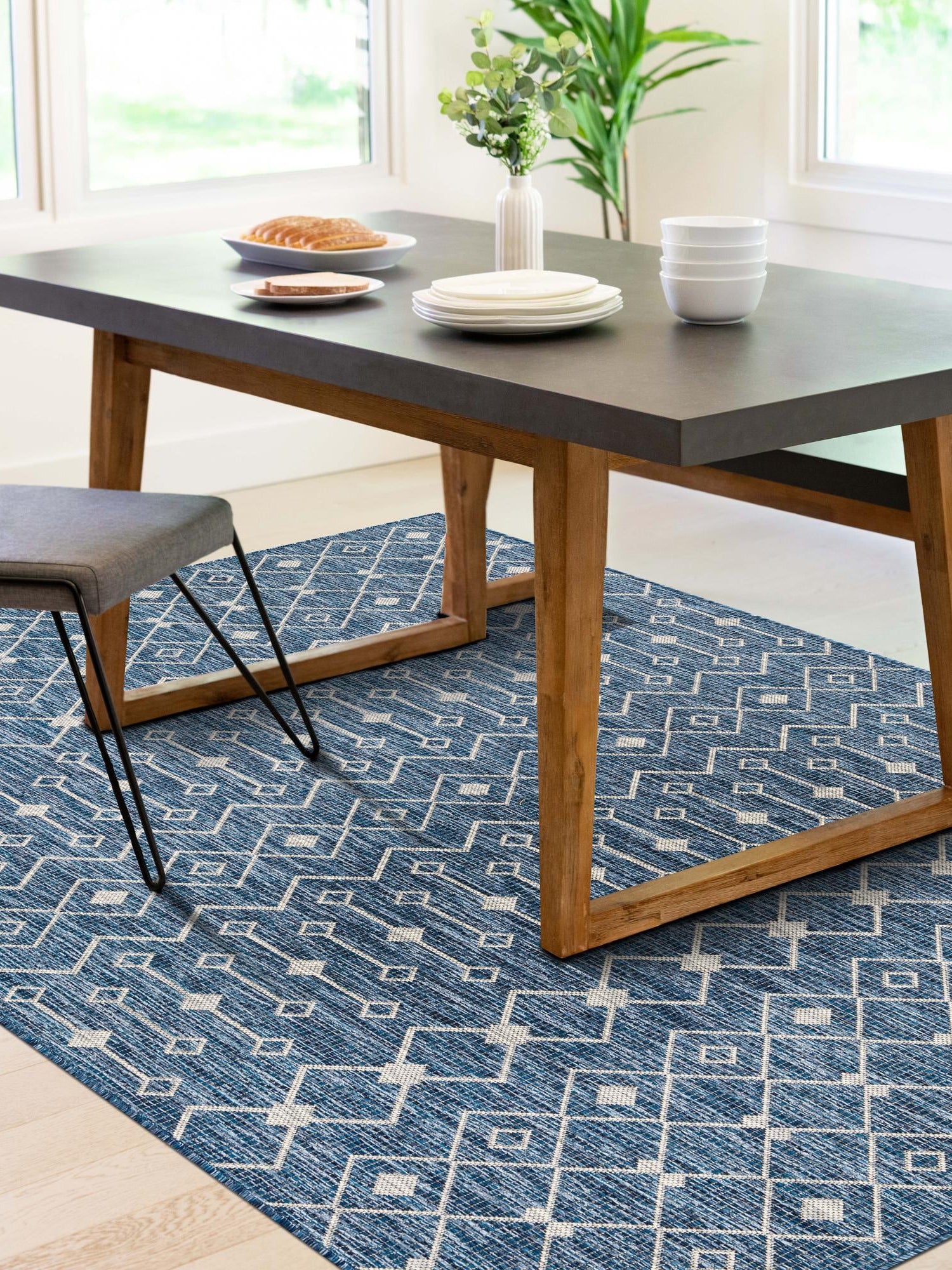 Blue 7' 1 x 10' Outdoor Trellis Rectangle Area Rug Weather Resistant for Patio, Deck, Terrace, Balcony, Porch Geometric Design Water Safe Outside Carpet for Sale at Rug Engine