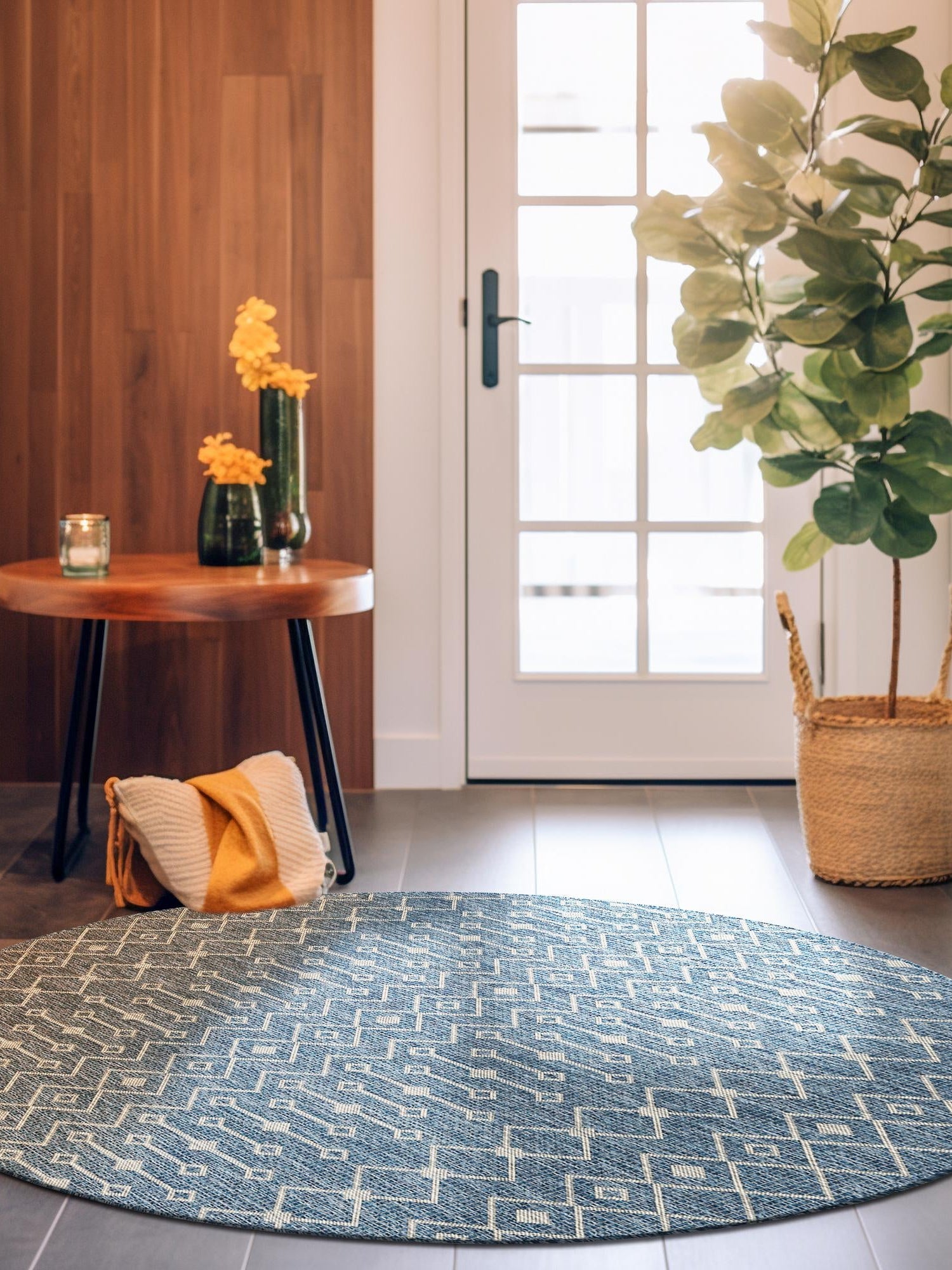 Blue 3' 1 x 3' 1 Outdoor Trellis Round Area Rug Weather Resistant for Patio, Deck, Terrace, Balcony, Porch Geometric Design Water Safe Outside Carpet for Sale at Rug Engine