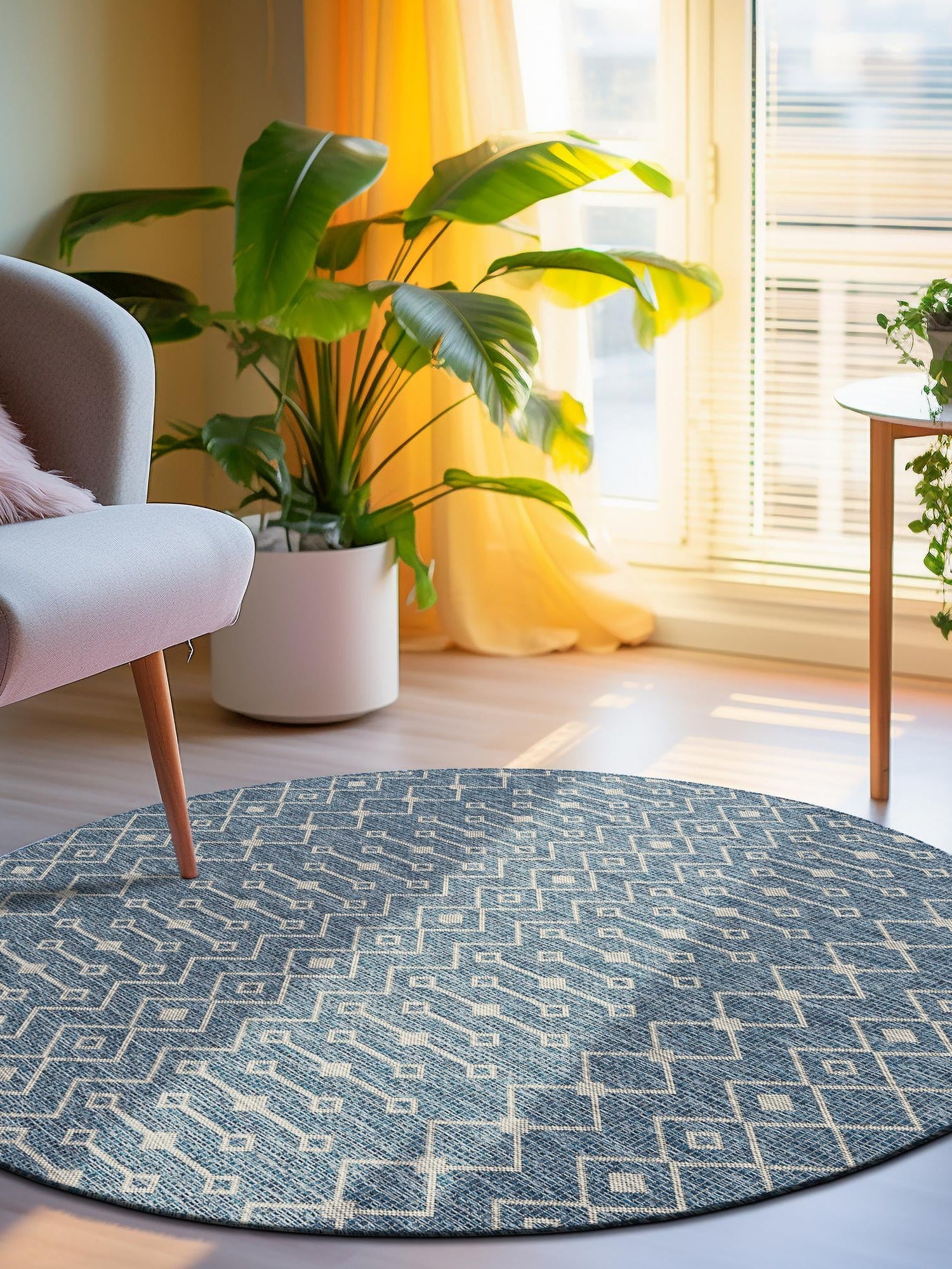 Blue 5' 3 x 5' 3 Outdoor Trellis Round Area Rug Weather Resistant for Patio, Deck, Terrace, Balcony, Porch Geometric Design Water Safe Outside Carpet for Sale at Rug Engine