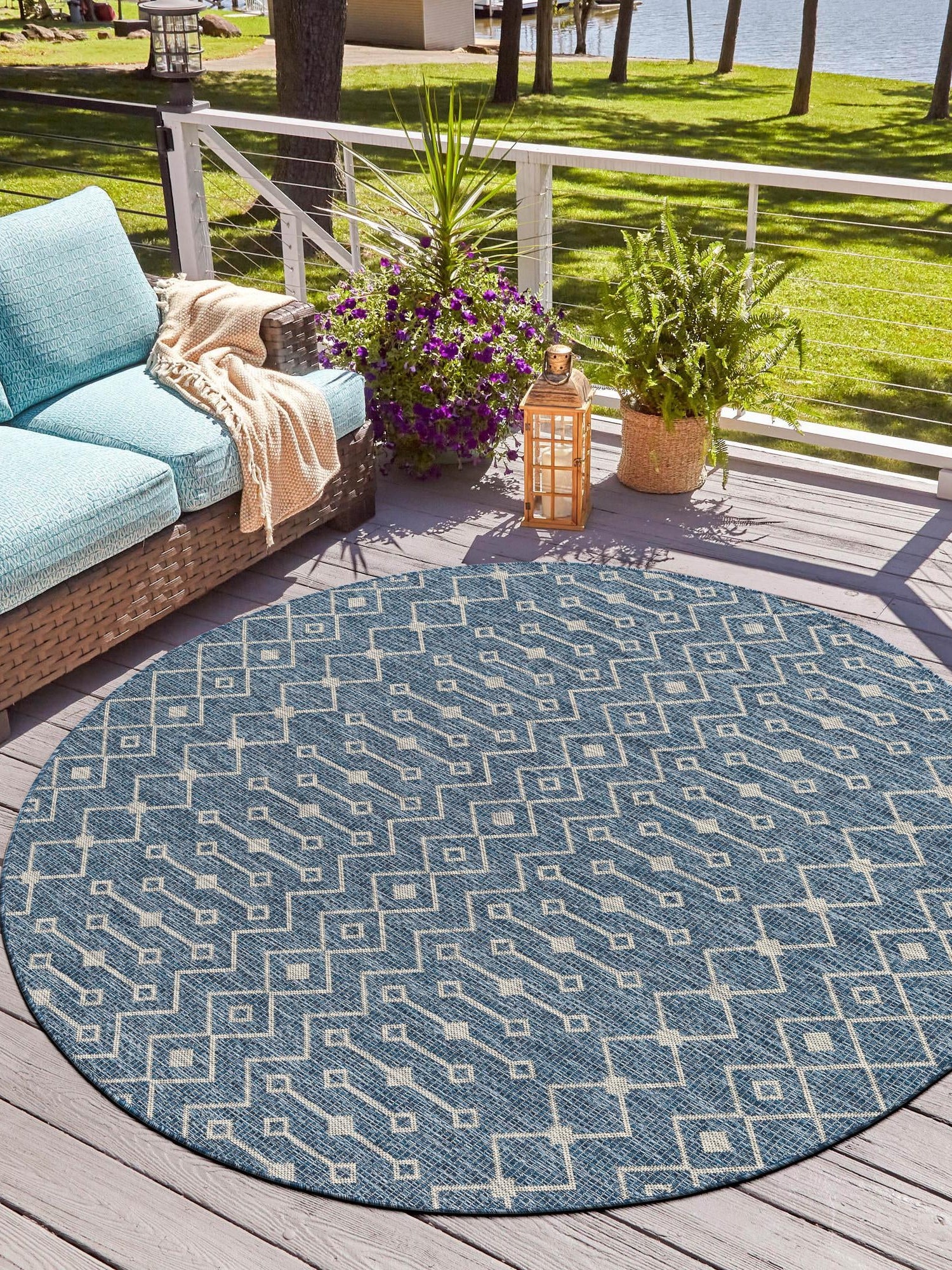 Blue 3' 1 x 3' 1 Outdoor Trellis Round Area Rug Weather Resistant for Patio, Deck, Terrace, Balcony, Porch Geometric Design Water Safe Outside Carpet for Sale at Rug Engine