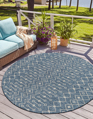 Blue 4' 1 x 4' 1 Outdoor Trellis Round Area Rug Weather Resistant for Patio, Deck, Terrace, Balcony, Porch Geometric Design Water Safe Outside Carpet for Sale at Rug Engine