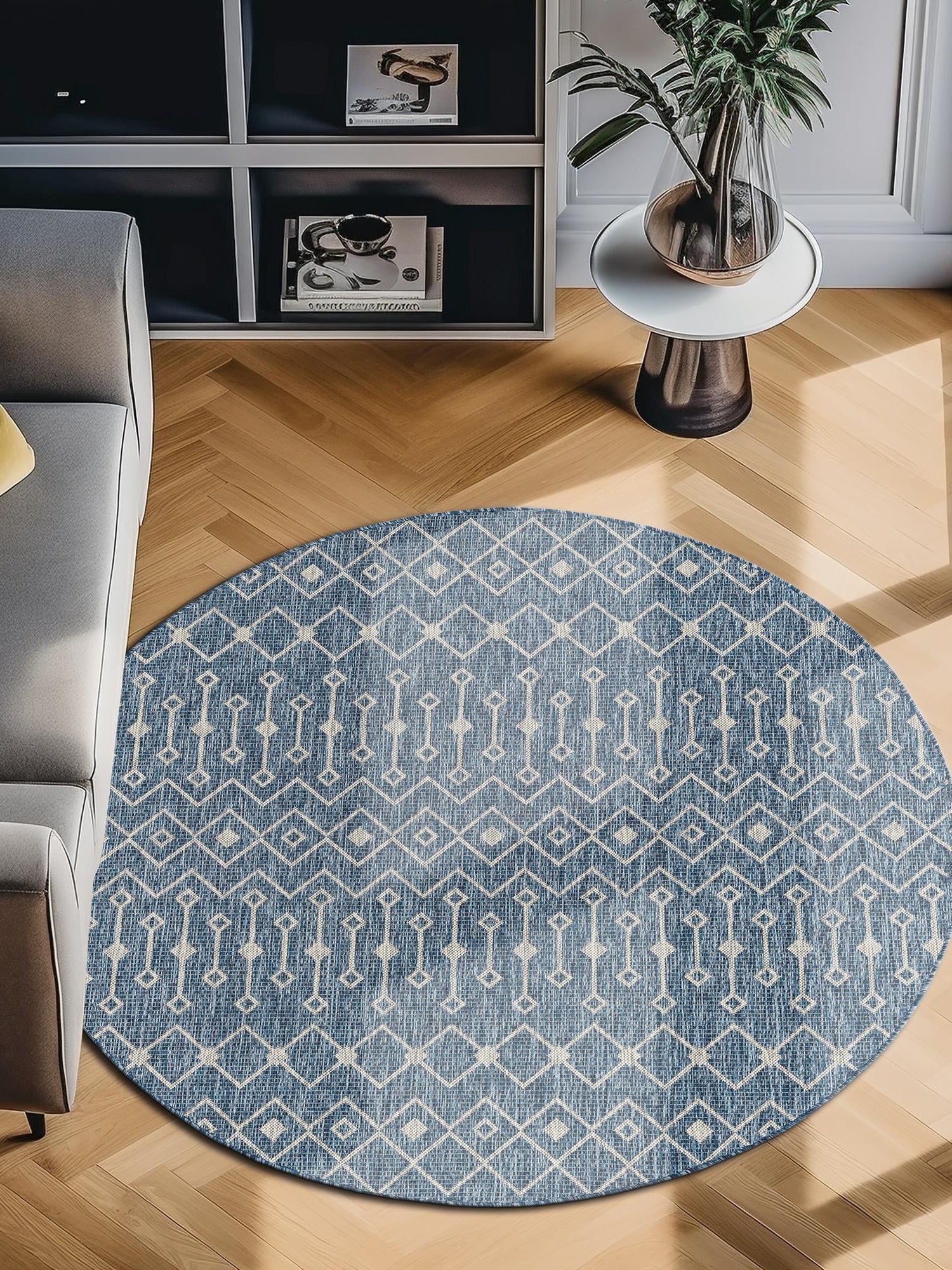 Blue 3' 1 x 3' 1 Outdoor Trellis Round Area Rug Weather Resistant for Patio, Deck, Terrace, Balcony, Porch Geometric Design Water Safe Outside Carpet for Sale at Rug Engine