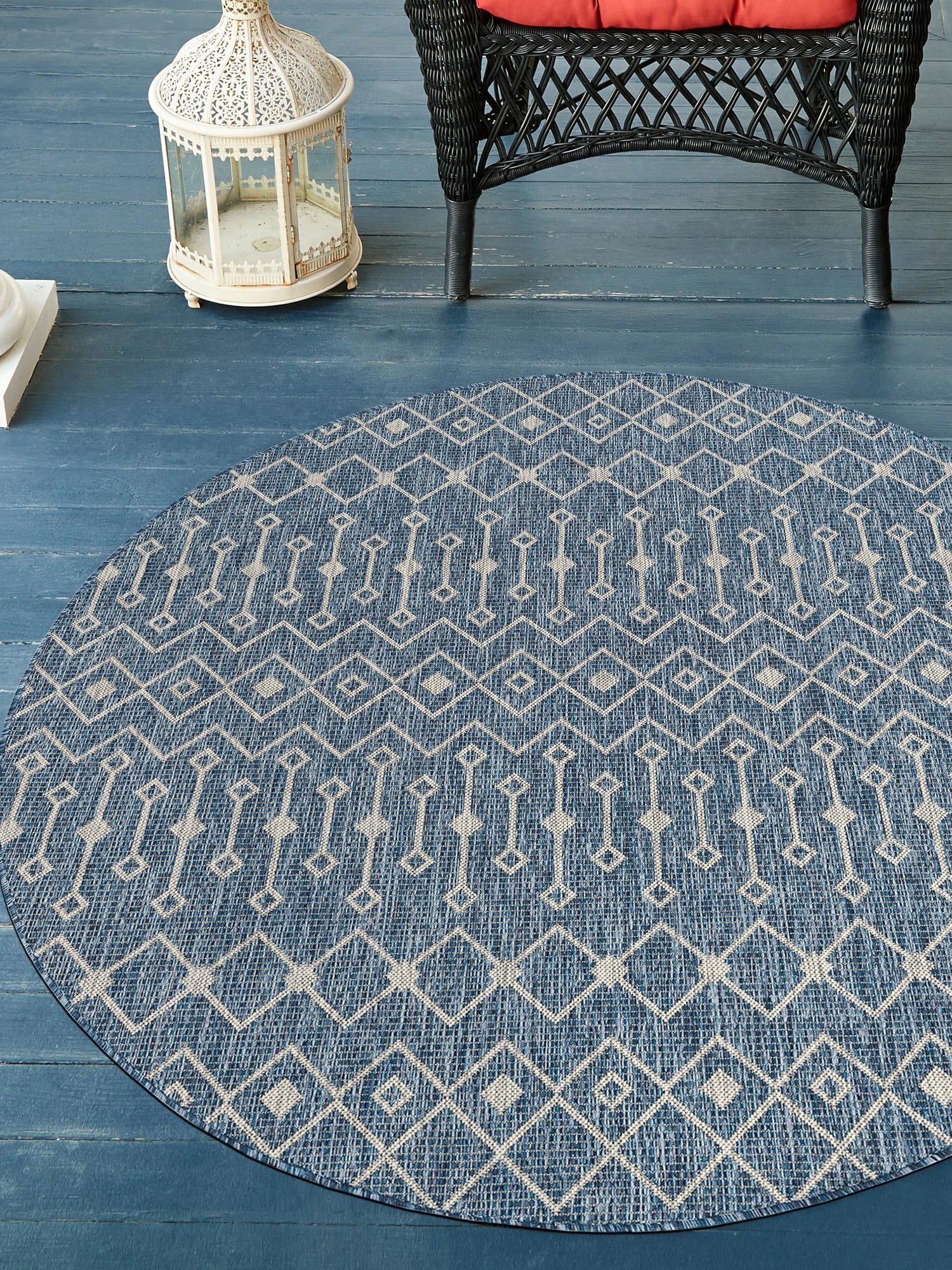 Blue 3' 1 x 3' 1 Outdoor Trellis Round Area Rug Weather Resistant for Patio, Deck, Terrace, Balcony, Porch Geometric Design Water Safe Outside Carpet for Sale at Rug Engine