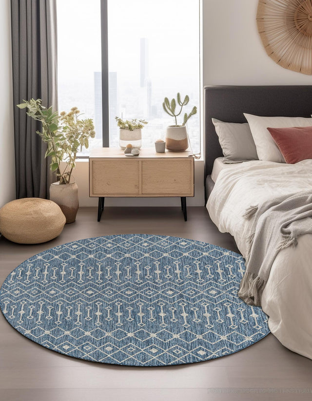 Blue 10' x 10' Outdoor Trellis Round Area Rug Weather Resistant for Patio, Deck, Terrace, Balcony, Porch Geometric Design Water Safe Outside Carpet for Sale at Rug Engine