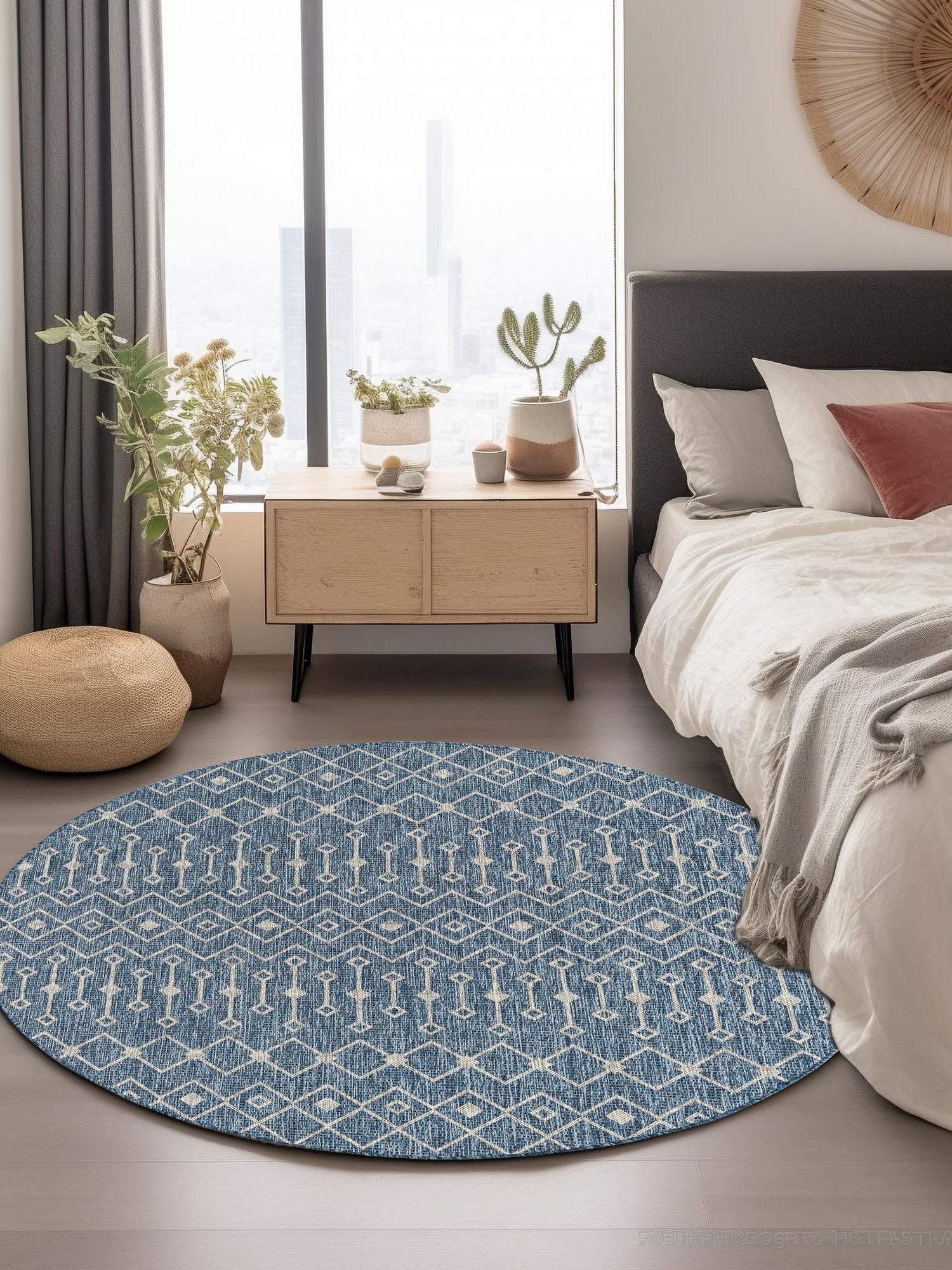 Blue 4' 1 x 4' 1 Outdoor Trellis Round Area Rug Weather Resistant for Patio, Deck, Terrace, Balcony, Porch Geometric Design Water Safe Outside Carpet for Sale at Rug Engine