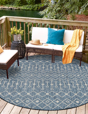Blue 3' 1 x 3' 1 Outdoor Trellis Round Area Rug Weather Resistant for Patio, Deck, Terrace, Balcony, Porch Geometric Design Water Safe Outside Carpet for Sale at Rug Engine