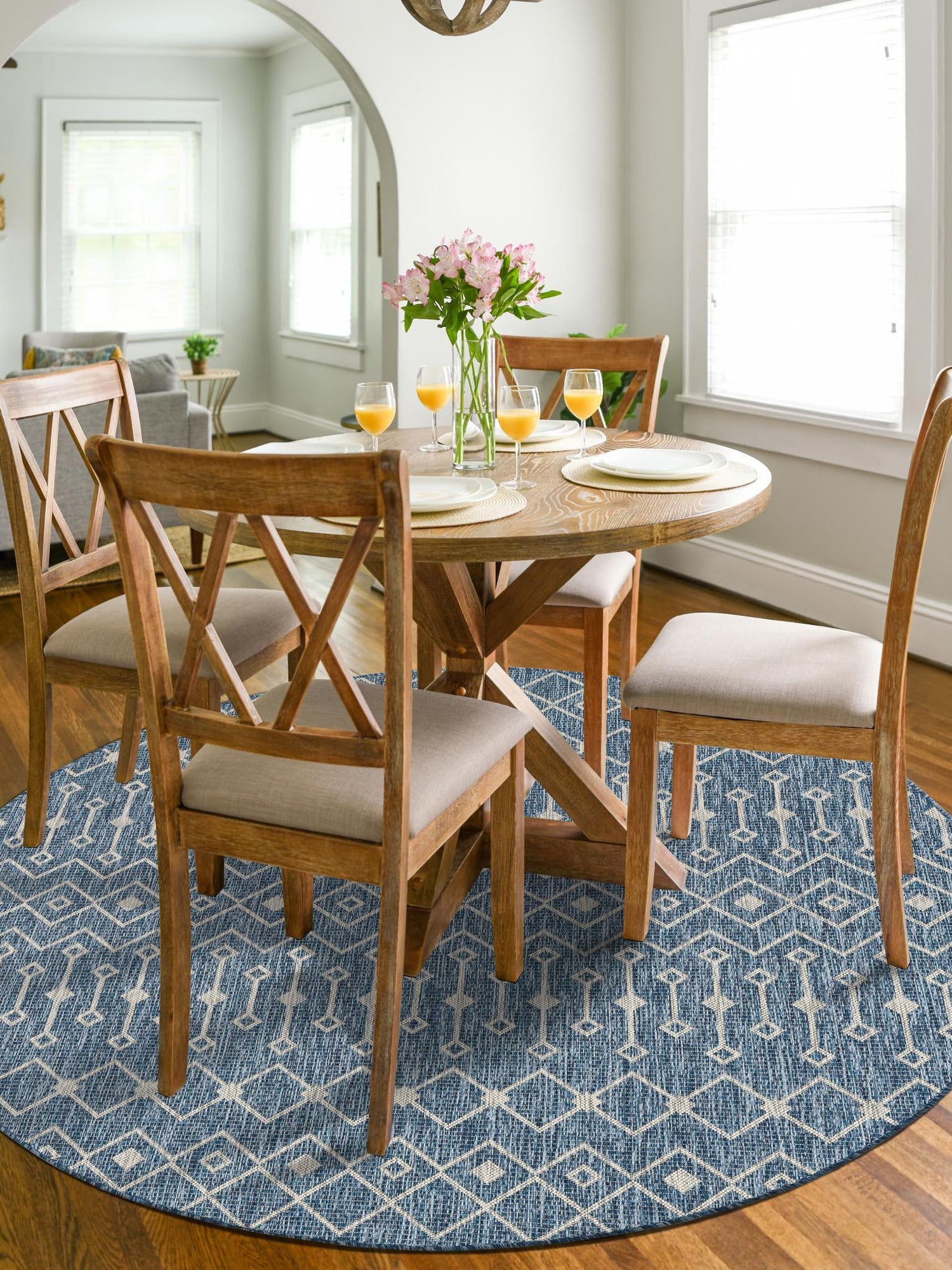 Blue 10' x 10' Outdoor Trellis Round Area Rug Weather Resistant for Patio, Deck, Terrace, Balcony, Porch Geometric Design Water Safe Outside Carpet for Sale at Rug Engine