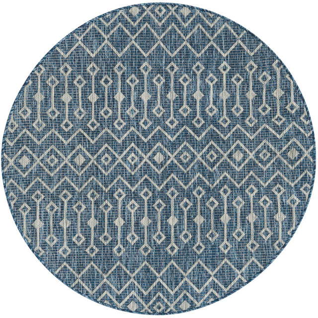 Blue 4' 1 x 4' 1 Outdoor Trellis Round Area Rug Weather Resistant for Patio, Deck, Terrace, Balcony, Porch Geometric Design Water Safe Outside Carpet for Sale at Rug Engine