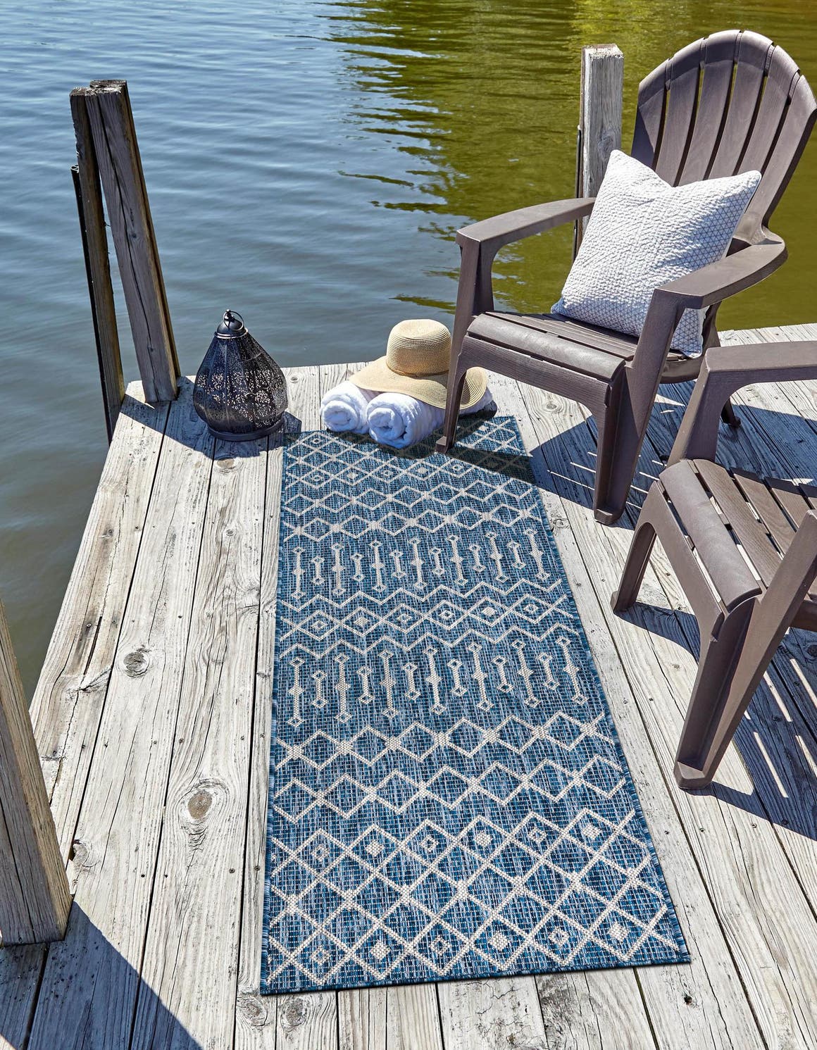 Blue 2' 7 x 12' Outdoor Trellis Runner Area Rug Weather Resistant for Patio, Deck, Terrace, Balcony, Porch Geometric Design Water Safe Outside Carpet for Sale at Rug Engine