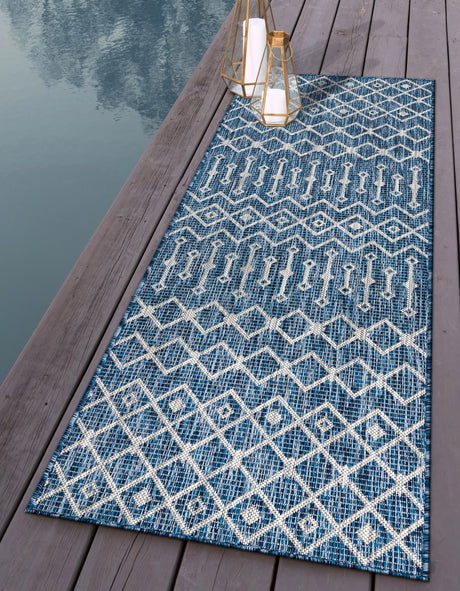 Blue 2' x 8' Outdoor Trellis Runner Area Rug Weather Resistant for Patio, Deck, Terrace, Balcony, Porch Geometric Design Water Safe Outside Carpet for Sale at Rug Engine