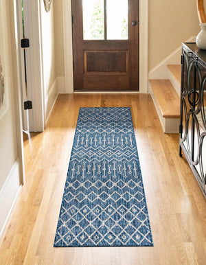 Blue 2' 7 x 12' Outdoor Trellis Runner Area Rug Weather Resistant for Patio, Deck, Terrace, Balcony, Porch Geometric Design Water Safe Outside Carpet for Sale at Rug Engine