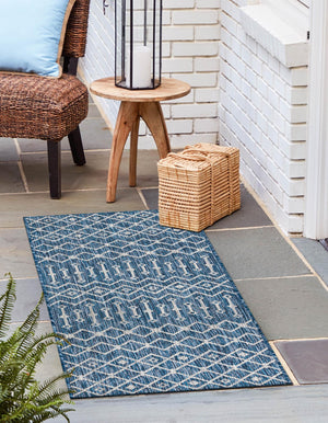 Blue 2' 7 x 12' Outdoor Trellis Runner Area Rug Weather Resistant for Patio, Deck, Terrace, Balcony, Porch Geometric Design Water Safe Outside Carpet for Sale at Rug Engine