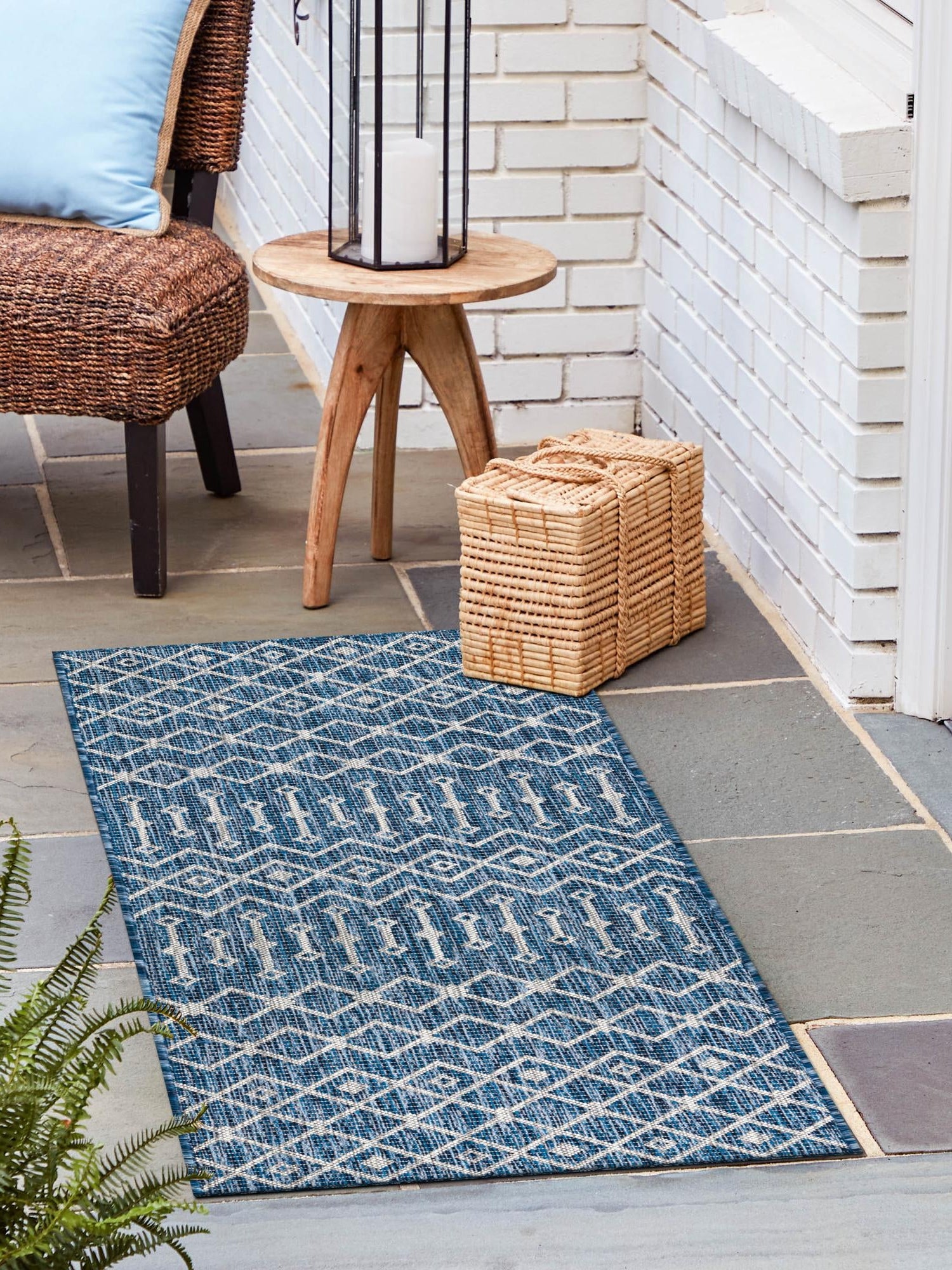 Blue 2' x 8' Outdoor Trellis Runner Area Rug Weather Resistant for Patio, Deck, Terrace, Balcony, Porch Geometric Design Water Safe Outside Carpet for Sale at Rug Engine