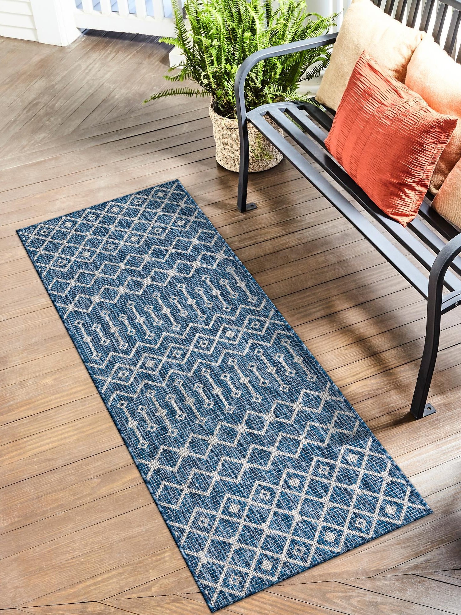 Blue 2' x 8' Outdoor Trellis Runner Area Rug Weather Resistant for Patio, Deck, Terrace, Balcony, Porch Geometric Design Water Safe Outside Carpet for Sale at Rug Engine