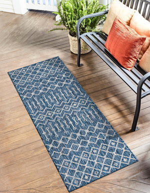 Blue 2' x 8' Outdoor Trellis Runner Area Rug Weather Resistant for Patio, Deck, Terrace, Balcony, Porch Geometric Design Water Safe Outside Carpet for Sale at Rug Engine