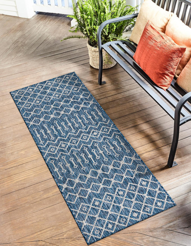 Blue 2' x 8' Outdoor Trellis Runner Area Rug Weather Resistant for Patio, Deck, Terrace, Balcony, Porch Geometric Design Water Safe Outside Carpet for Sale at Rug Engine