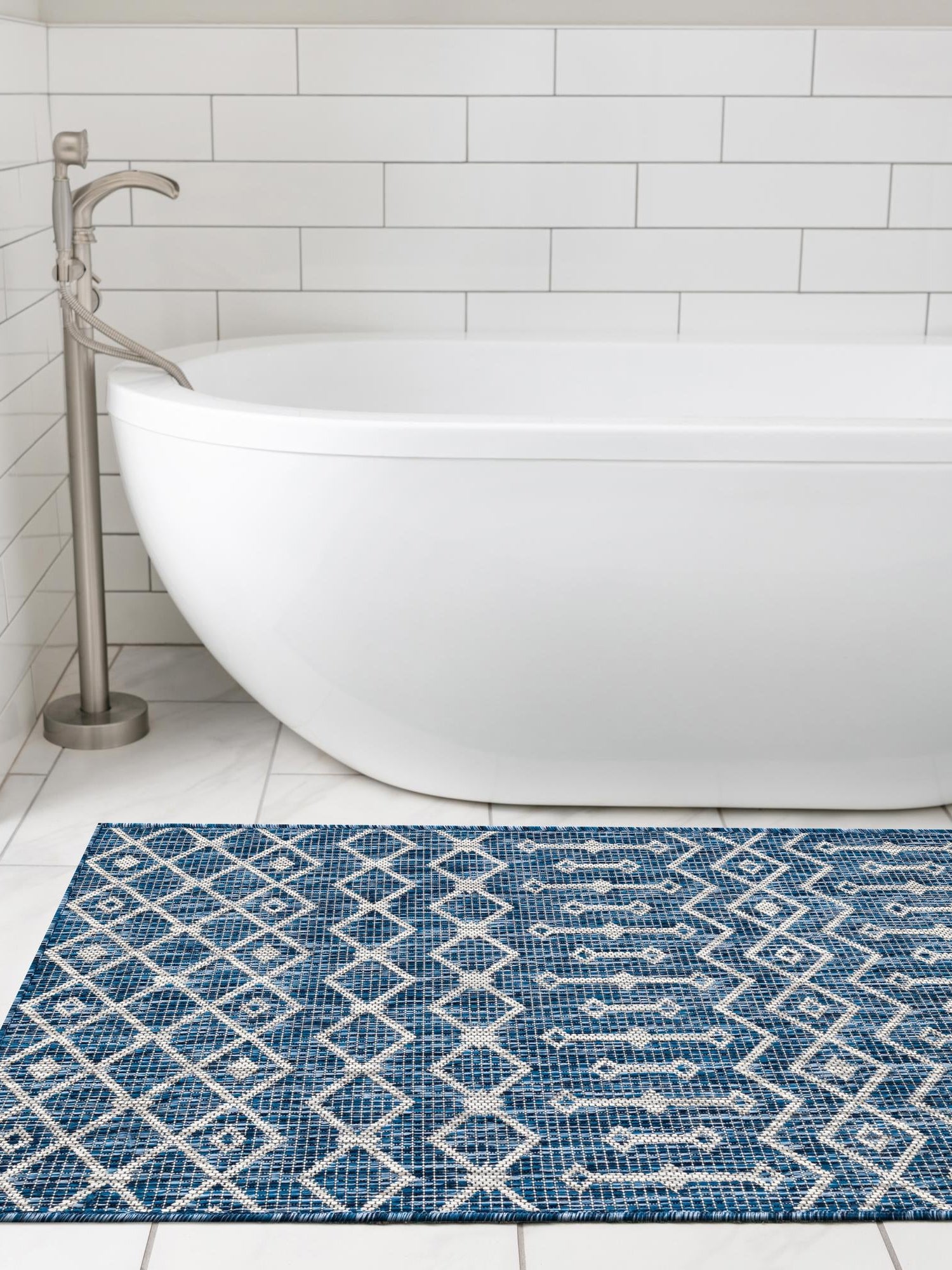 Blue 2' x 8' Outdoor Trellis Runner Area Rug Weather Resistant for Patio, Deck, Terrace, Balcony, Porch Geometric Design Water Safe Outside Carpet for Sale at Rug Engine