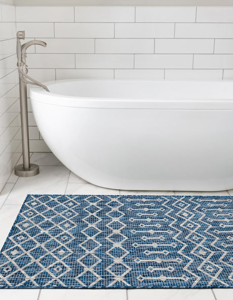 Blue 2' x 8' Outdoor Trellis Runner Area Rug Weather Resistant for Patio, Deck, Terrace, Balcony, Porch Geometric Design Water Safe Outside Carpet for Sale at Rug Engine
