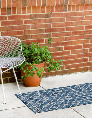 Blue 2' x 8' Outdoor Trellis Runner Area Rug Weather Resistant for Patio, Deck, Terrace, Balcony, Porch Geometric Design Water Safe Outside Carpet for Sale at Rug Engine
