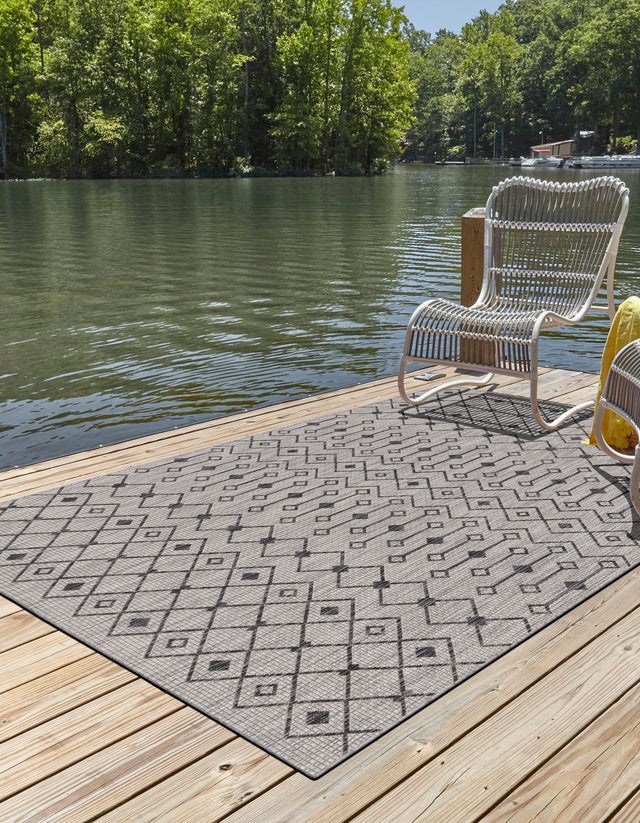 Gray 6' 1 x 9' Outdoor Trellis Rectangle Area Rug Weather Resistant for Patio, Deck, Terrace, Balcony, Porch Geometric Design Water Safe Outside Carpet for Sale at Rug Engine