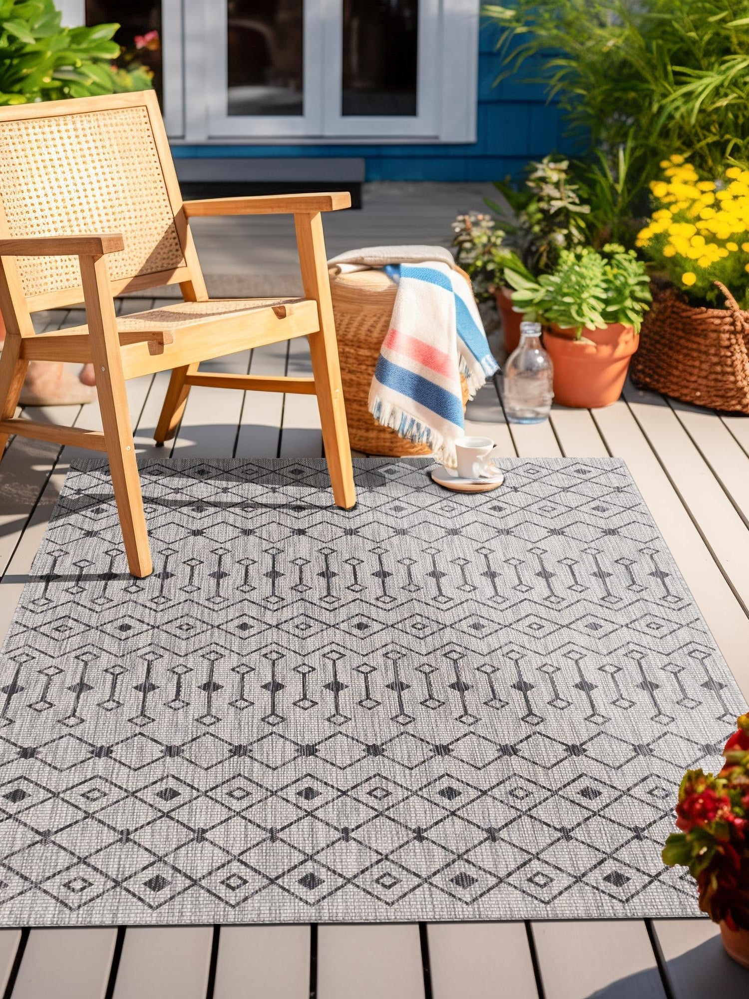 Gray 5' 3 x 8' Outdoor Trellis Rectangle Area Rug Weather Resistant for Patio, Deck, Terrace, Balcony, Porch Geometric Design Water Safe Outside Carpet for Sale at Rug Engine