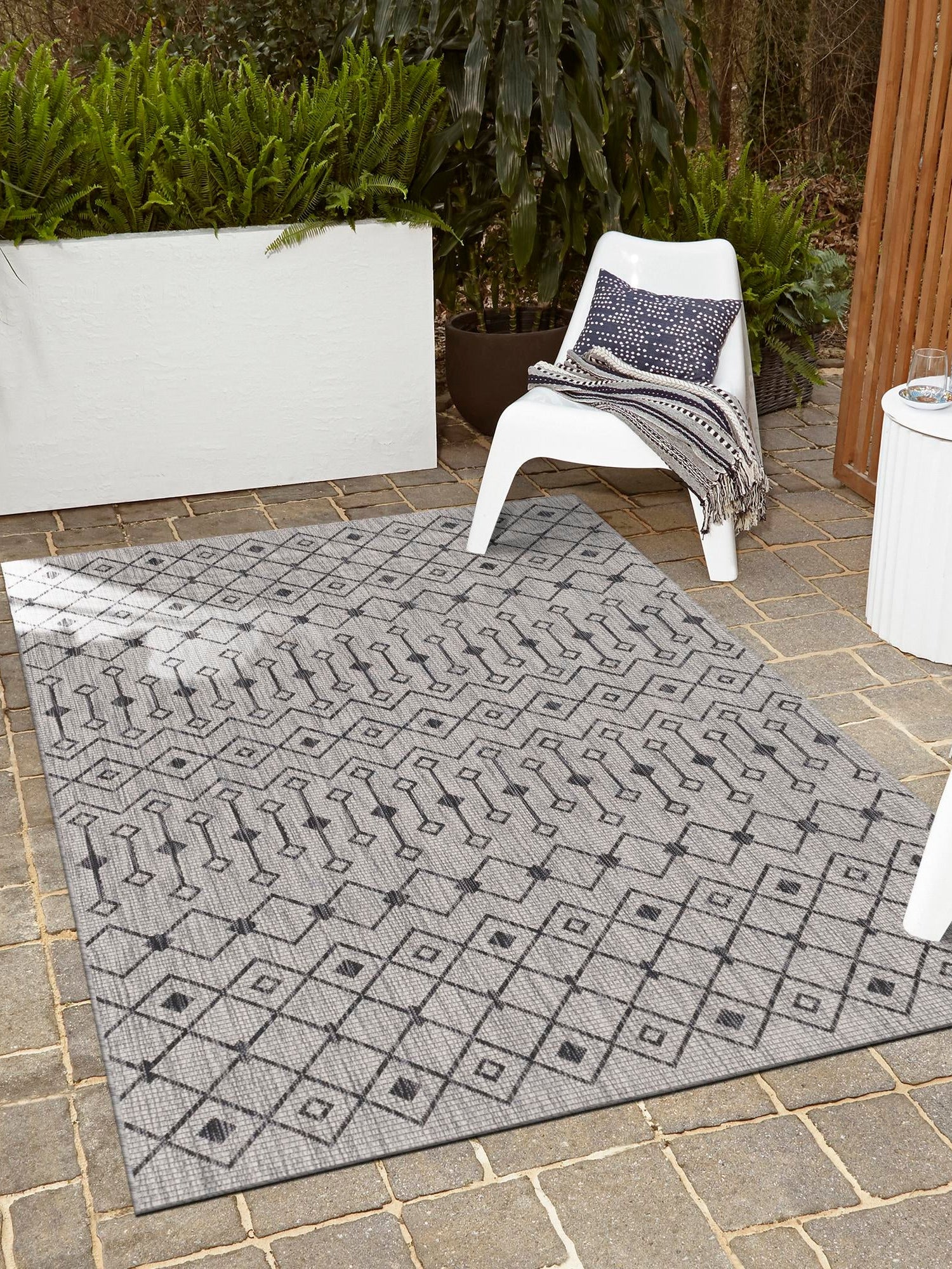 Gray 7' 1 x 10' Outdoor Trellis Rectangle Area Rug Weather Resistant for Patio, Deck, Terrace, Balcony, Porch Geometric Design Water Safe Outside Carpet for Sale at Rug Engine