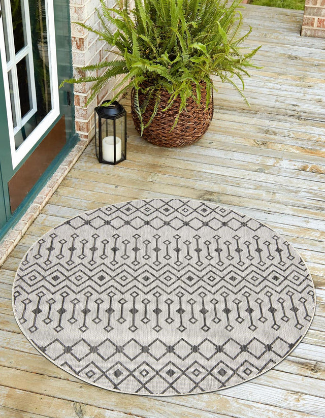 Gray 4' 1 x 4' 1 Outdoor Trellis Round Area Rug Weather Resistant for Patio, Deck, Terrace, Balcony, Porch Geometric Design Water Safe Outside Carpet for Sale at Rug Engine