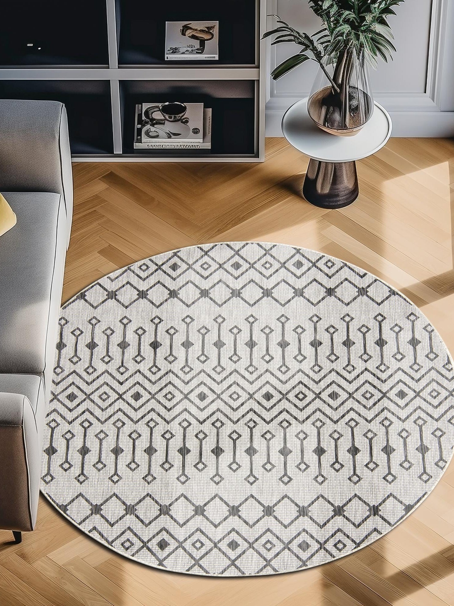 Gray 5' 3 x 5' 3 Outdoor Trellis Round Area Rug Weather Resistant for Patio, Deck, Terrace, Balcony, Porch Geometric Design Water Safe Outside Carpet for Sale at Rug Engine