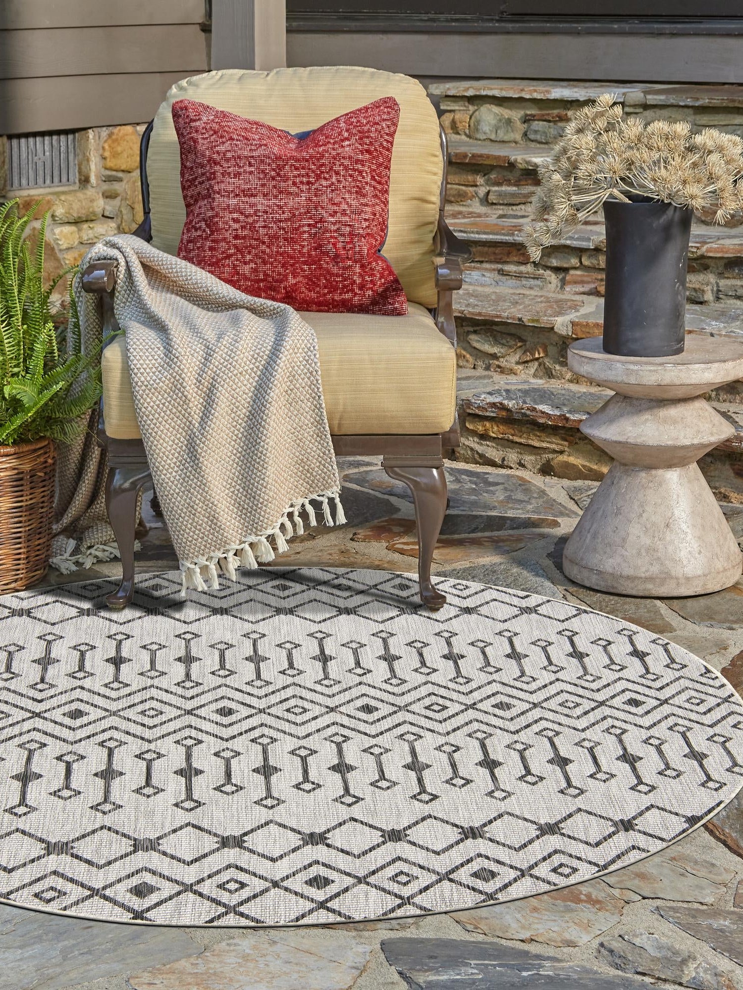Gray 7' 10 x 7' 10 Outdoor Trellis Round Area Rug Weather Resistant for Patio, Deck, Terrace, Balcony, Porch Geometric Design Water Safe Outside Carpet for Sale at Rug Engine