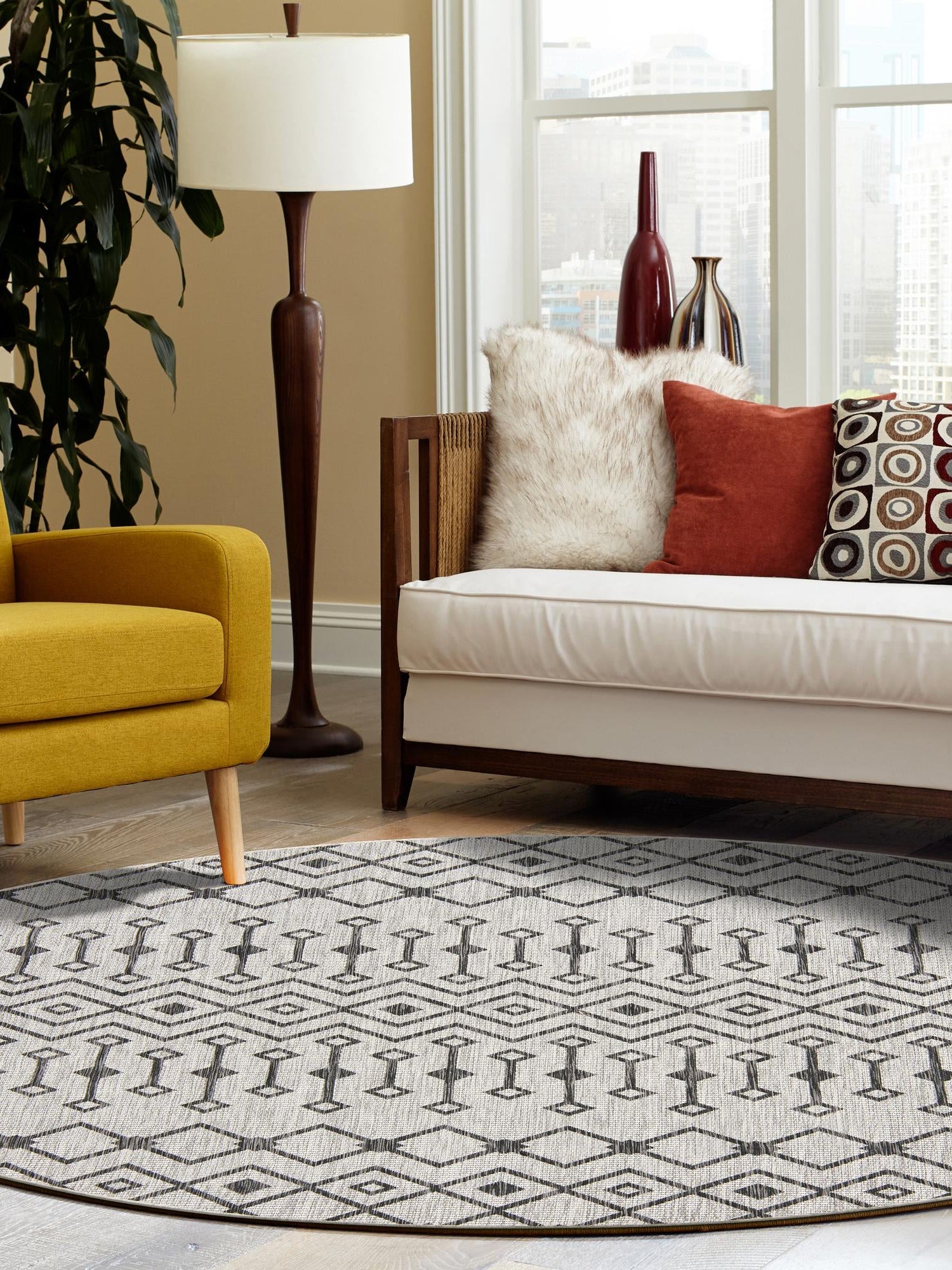 Gray 10' 8 x 10' 8 Outdoor Trellis Round Area Rug Weather Resistant for Patio, Deck, Terrace, Balcony, Porch Geometric Design Water Safe Outside Carpet for Sale at Rug Engine