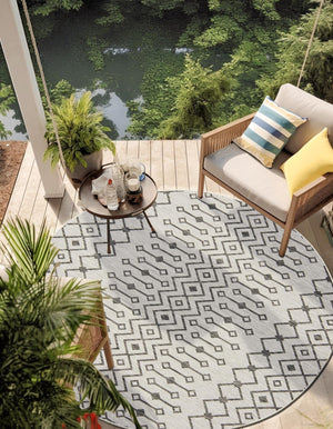 Gray 3' 1 x 3' 1 Outdoor Trellis Round Area Rug Weather Resistant for Patio, Deck, Terrace, Balcony, Porch Geometric Design Water Safe Outside Carpet for Sale at Rug Engine