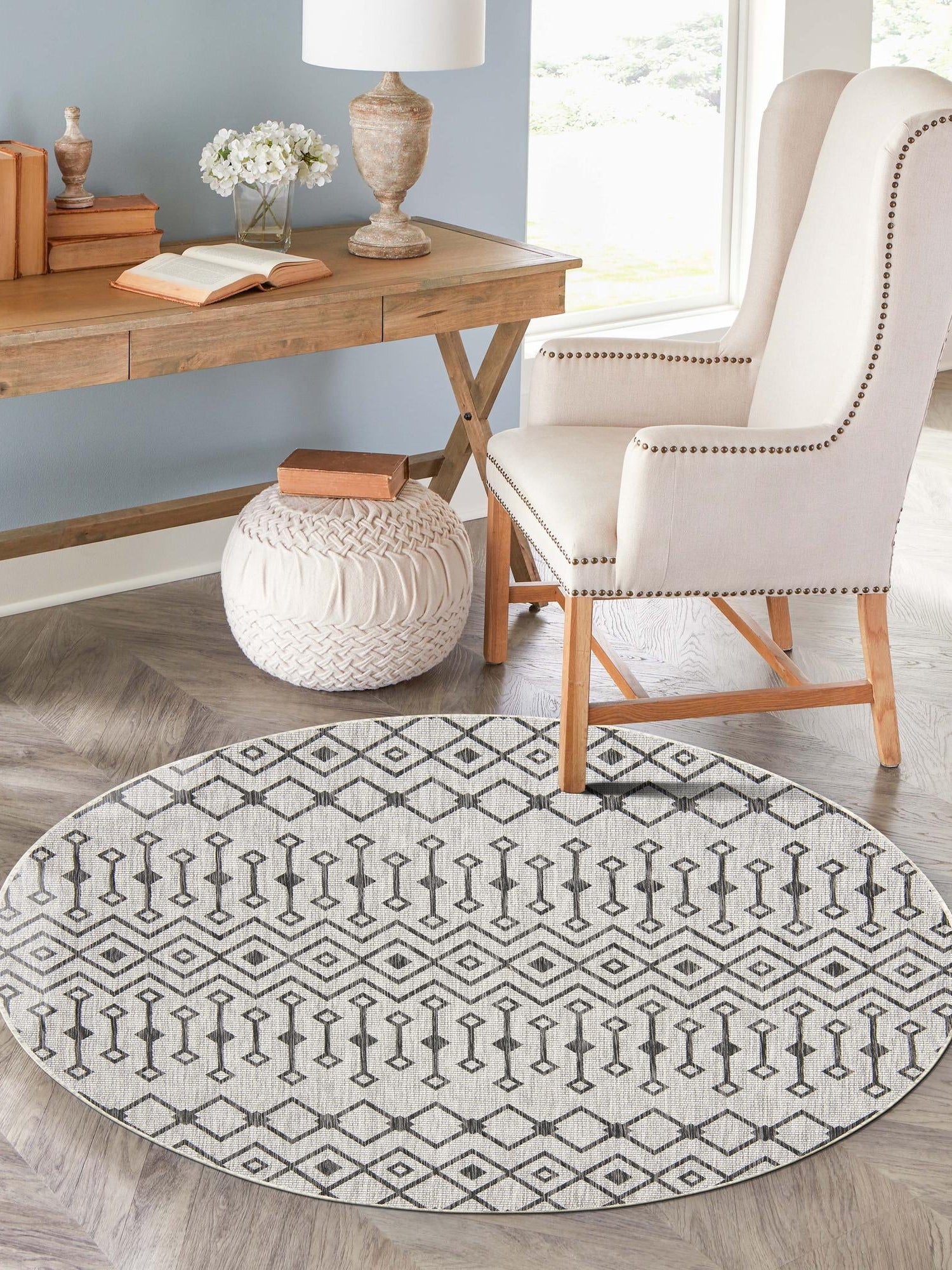 Gray 10' 8 x 10' 8 Outdoor Trellis Round Area Rug Weather Resistant for Patio, Deck, Terrace, Balcony, Porch Geometric Design Water Safe Outside Carpet for Sale at Rug Engine