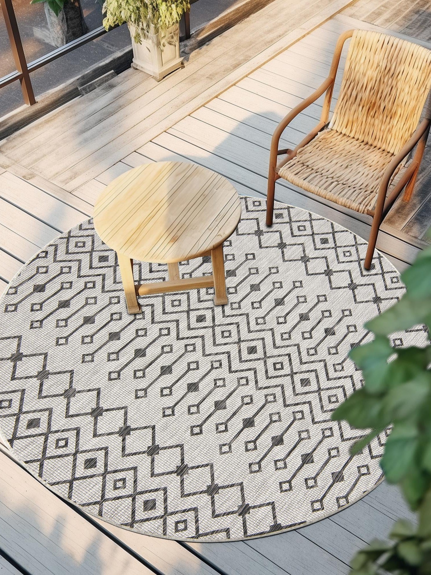 Gray 7' 10 x 7' 10 Outdoor Trellis Round Area Rug Weather Resistant for Patio, Deck, Terrace, Balcony, Porch Geometric Design Water Safe Outside Carpet for Sale at Rug Engine