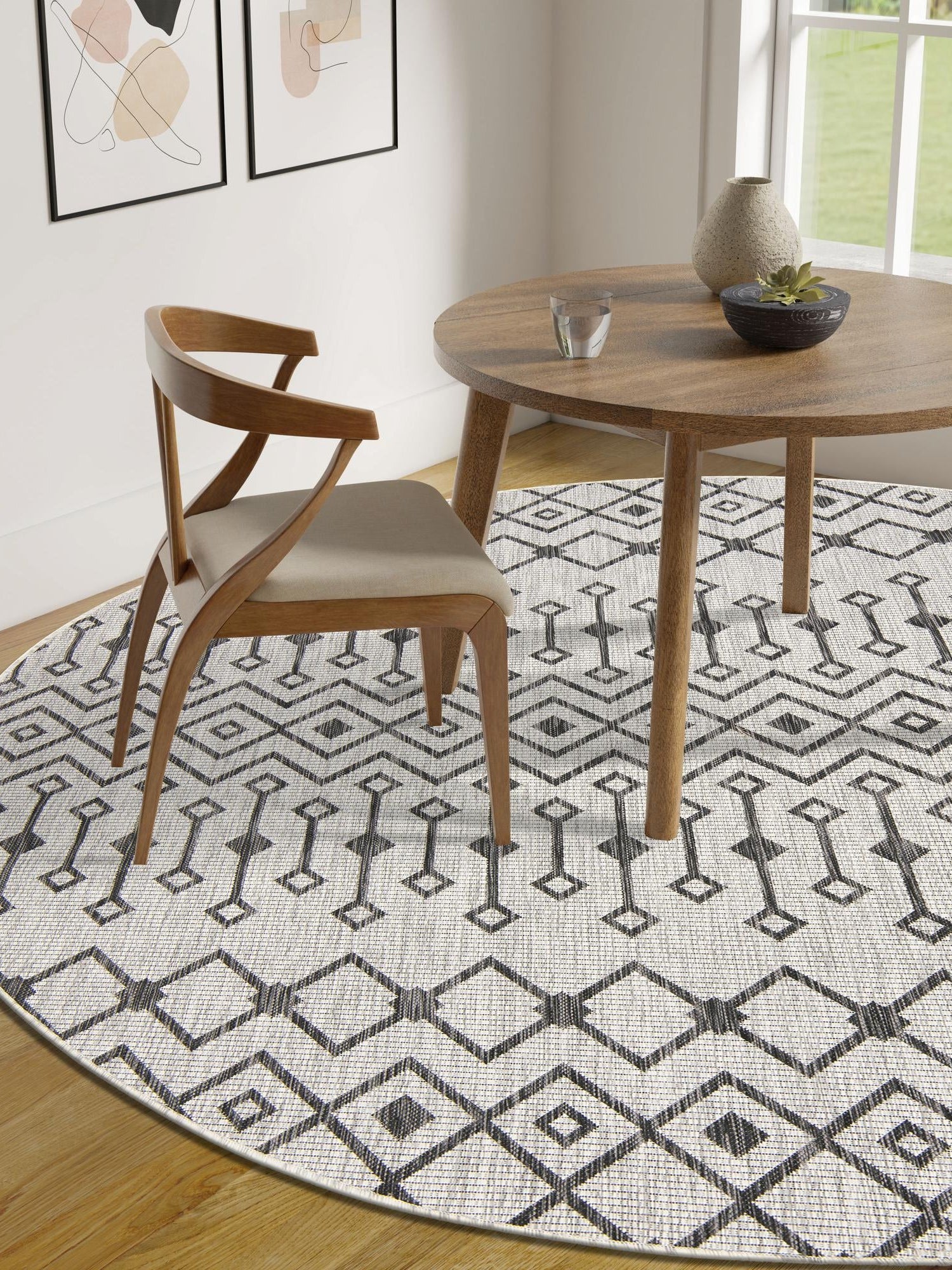Gray 7' 10 x 7' 10 Outdoor Trellis Round Area Rug Weather Resistant for Patio, Deck, Terrace, Balcony, Porch Geometric Design Water Safe Outside Carpet for Sale at Rug Engine