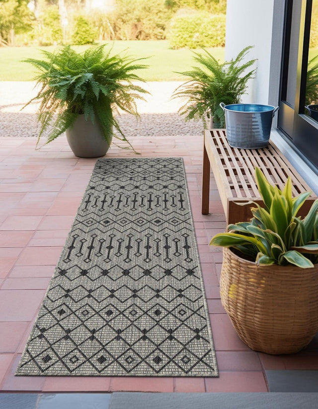 Gray 2' x 8' Outdoor Trellis Runner Area Rug Weather Resistant for Patio, Deck, Terrace, Balcony, Porch Geometric Design Water Safe Outside Carpet for Sale at Rug Engine