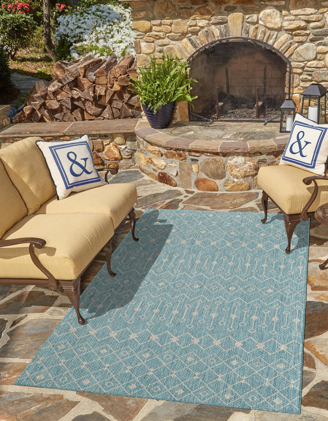 Aqua 7' 1 x 10' Outdoor Trellis Rectangle Area Rug Weather Resistant for Patio, Deck, Terrace, Balcony, Porch Geometric Design Water Safe Outside Carpet for Sale at Rug Engine