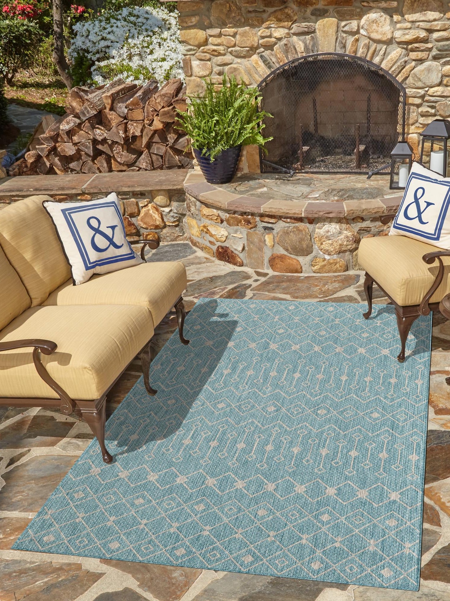 Aqua 6' 1 x 9' Outdoor Trellis Rectangle Area Rug Weather Resistant for Patio, Deck, Terrace, Balcony, Porch Geometric Design Water Safe Outside Carpet for Sale at Rug Engine