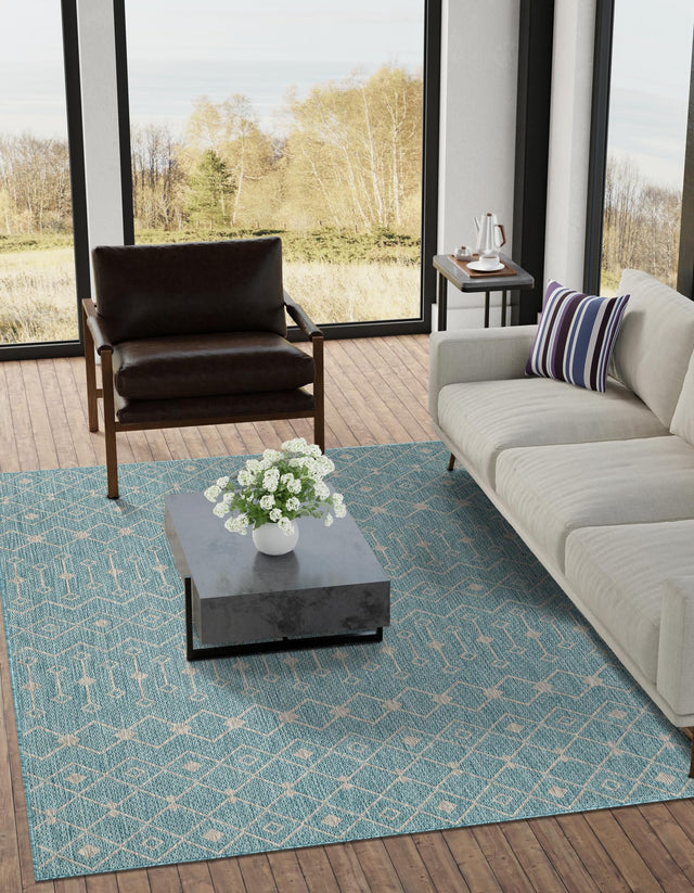 Aqua 4' 1 x 6' 1 Outdoor Trellis Rectangle Area Rug Weather Resistant for Patio, Deck, Terrace, Balcony, Porch Geometric Design Water Safe Outside Carpet for Sale at Rug Engine