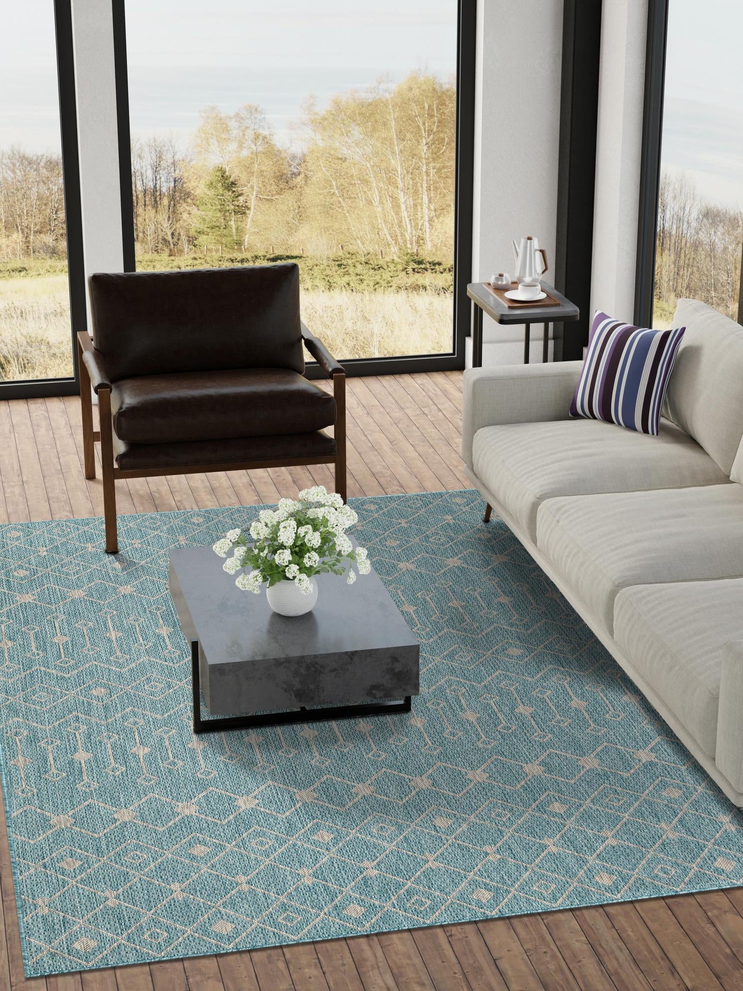 Aqua 9' x 12' Outdoor Trellis Rectangle Area Rug Weather Resistant for Patio, Deck, Terrace, Balcony, Porch Geometric Design Water Safe Outside Carpet for Sale at Rug Engine