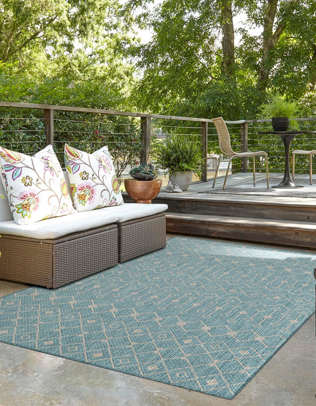 Aqua 7' 10 x 11' Outdoor Trellis Rectangle Area Rug Weather Resistant for Patio, Deck, Terrace, Balcony, Porch Geometric Design Water Safe Outside Carpet for Sale at Rug Engine