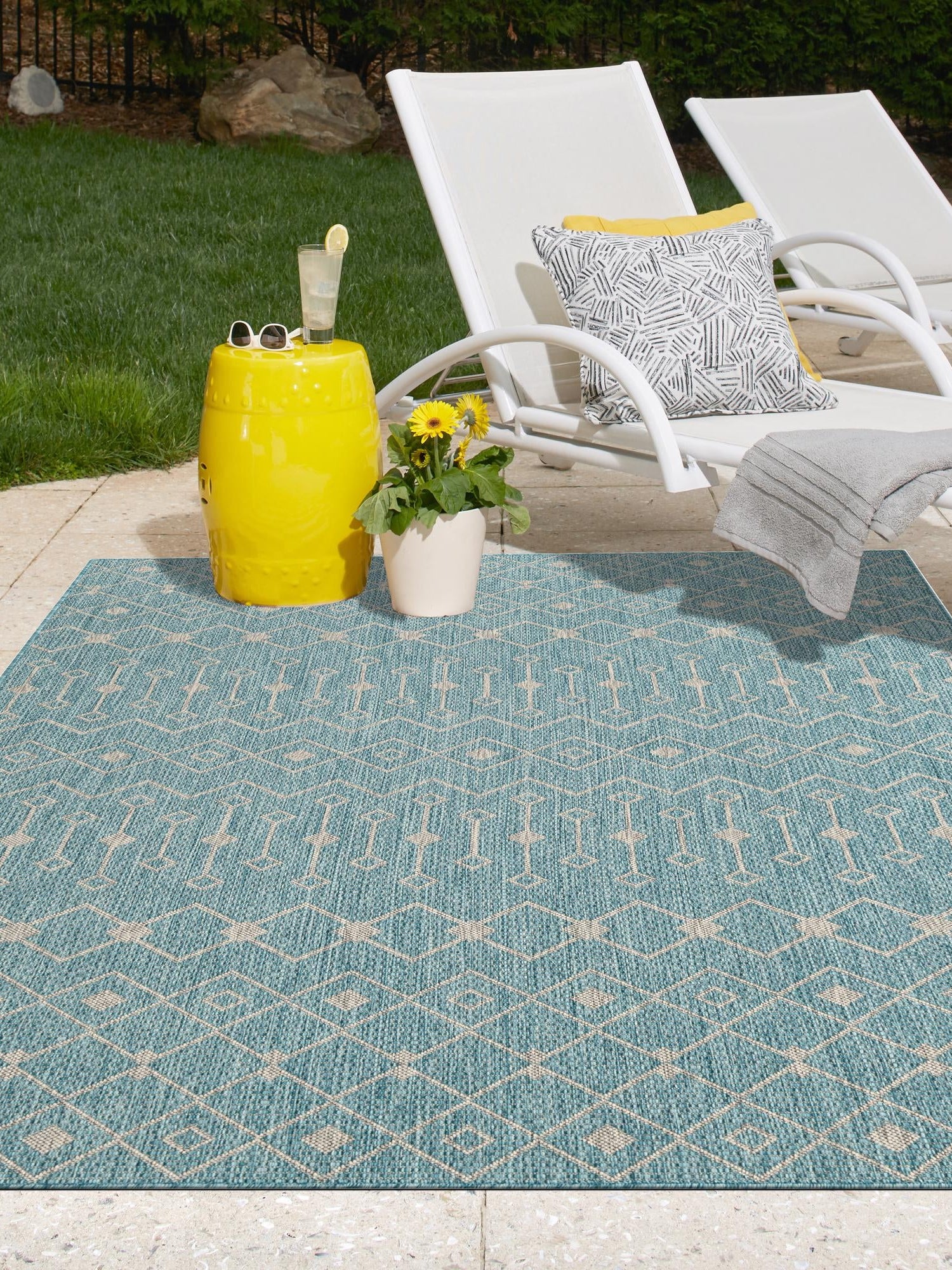 Aqua 6' 1 x 9' Outdoor Trellis Rectangle Area Rug Weather Resistant for Patio, Deck, Terrace, Balcony, Porch Geometric Design Water Safe Outside Carpet for Sale at Rug Engine